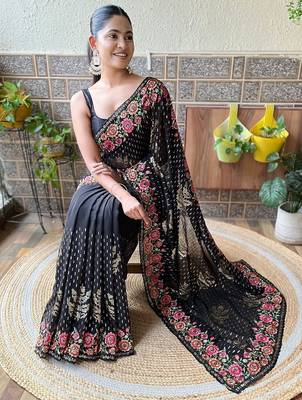 black embellished embroidered poly georgette saree 4