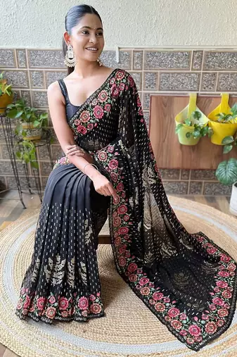 black embellished embroidered poly georgette saree