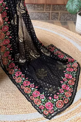 black embellished embroidered poly georgette saree