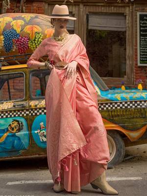 peach peach-coloured ethnic motifs woven design banarasi saree 1