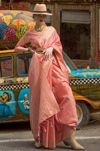 peach peach-coloured ethnic motifs woven design banarasi saree