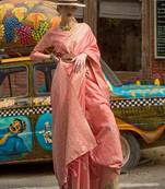 peach peach-coloured ethnic motifs woven design banarasi saree
