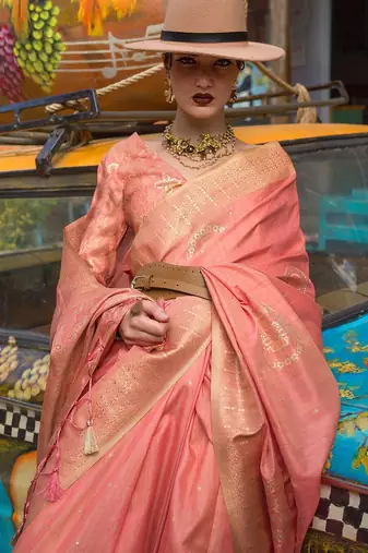 peach peach-coloured ethnic motifs woven design banarasi saree