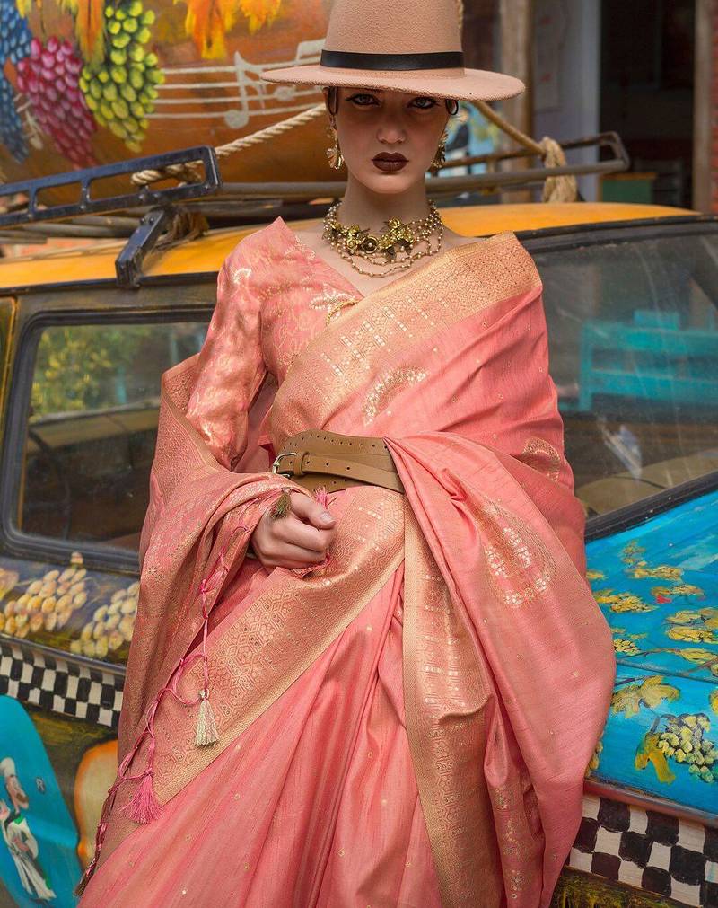 peach peach-coloured ethnic motifs woven design banarasi saree