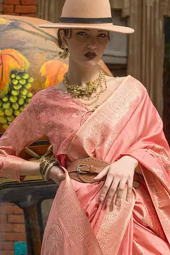 peach peach-coloured ethnic motifs woven design banarasi saree