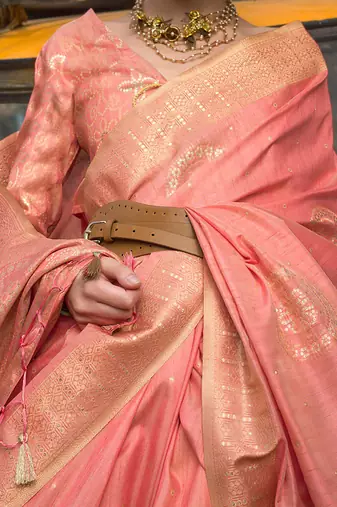 peach peach-coloured ethnic motifs woven design banarasi saree