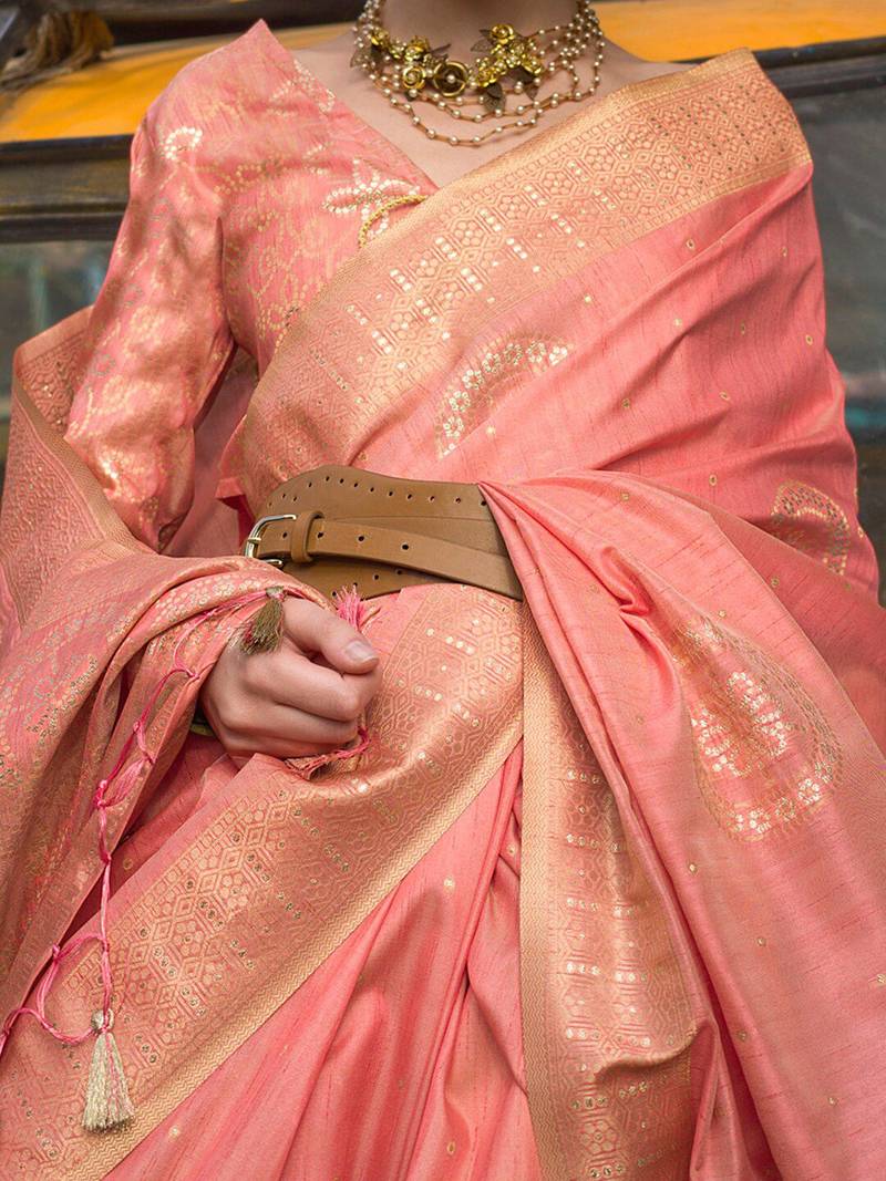 peach peach-coloured ethnic motifs woven design banarasi saree