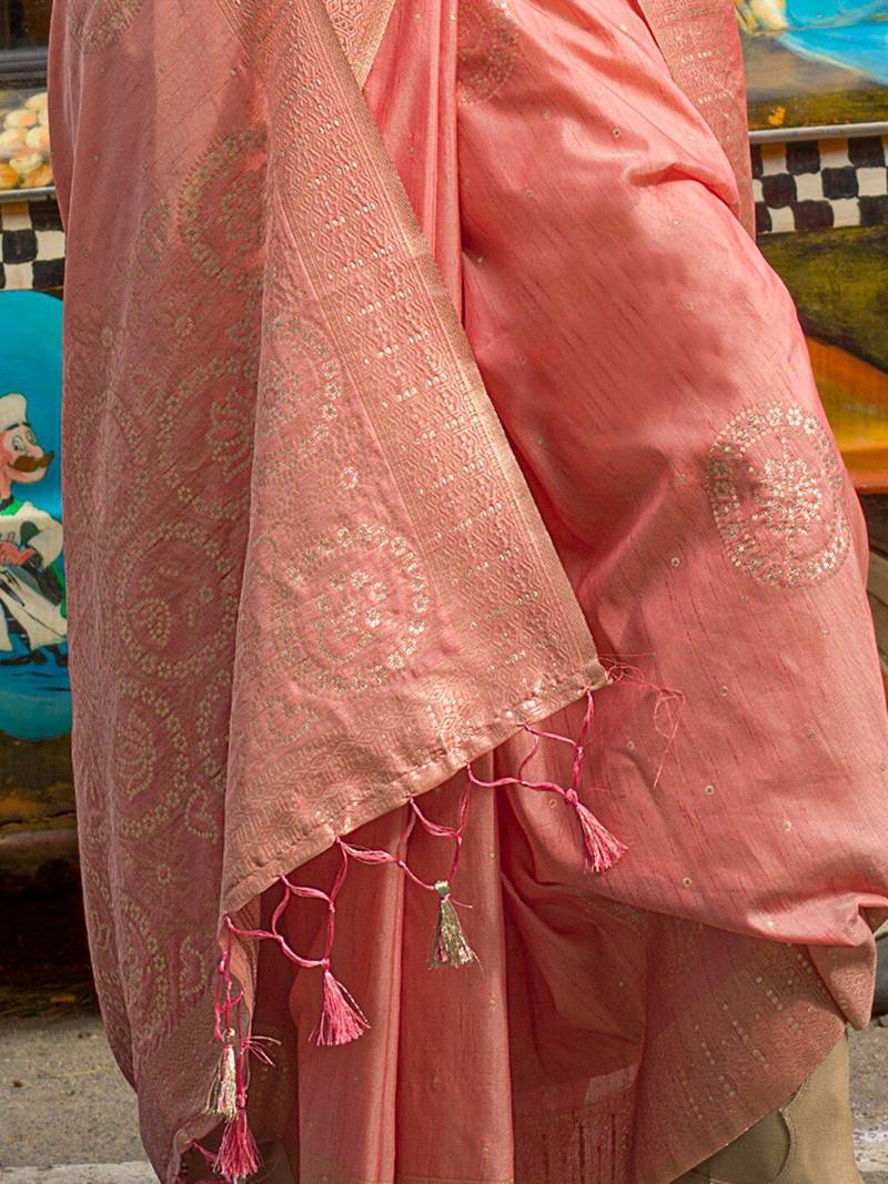 peach peach-coloured ethnic motifs woven design banarasi saree