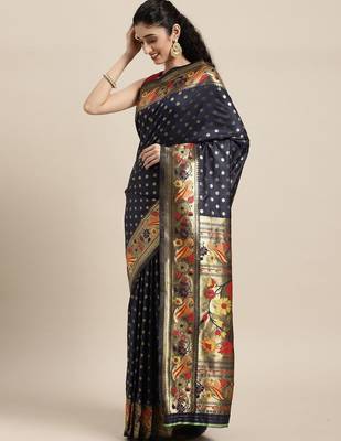 navy_blue navy blue & gold-toned zari silk blend paithani saree 1