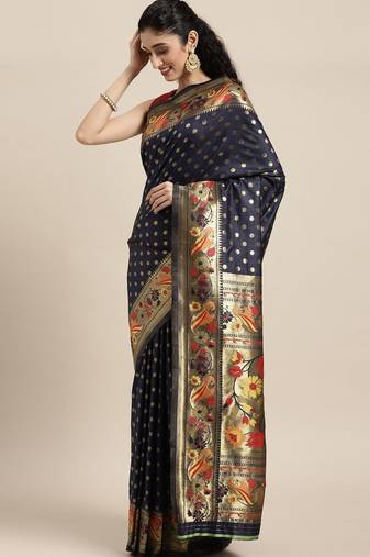 navy_blue navy blue & gold-toned zari silk blend paithani saree