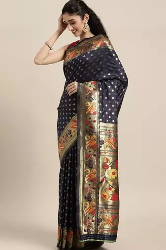 navy_blue navy blue & gold-toned zari silk blend paithani saree
