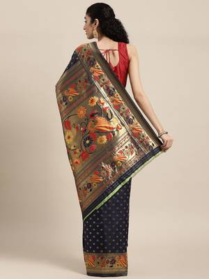 navy_blue navy blue & gold-toned zari silk blend paithani saree 2
