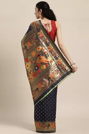 navy_blue navy blue & gold-toned zari silk blend paithani saree