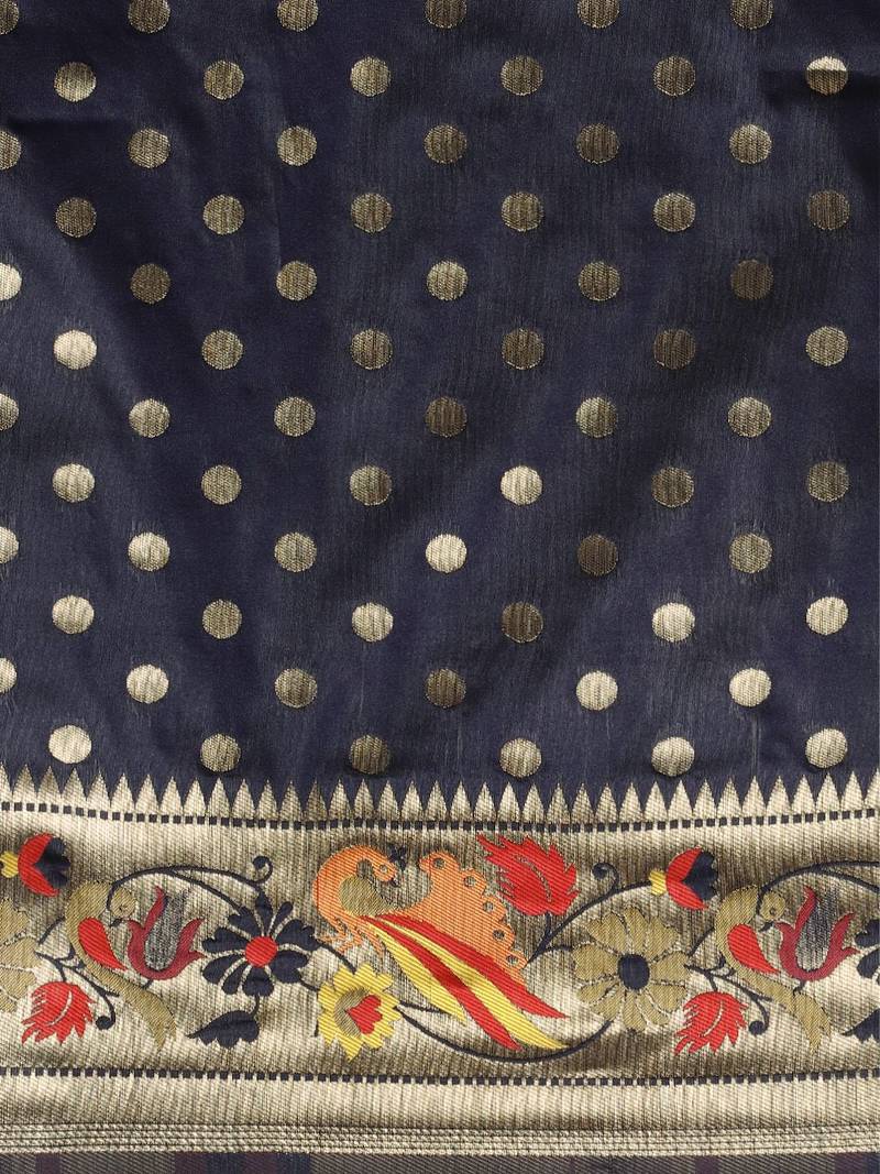 navy_blue navy blue & gold-toned zari silk blend paithani saree