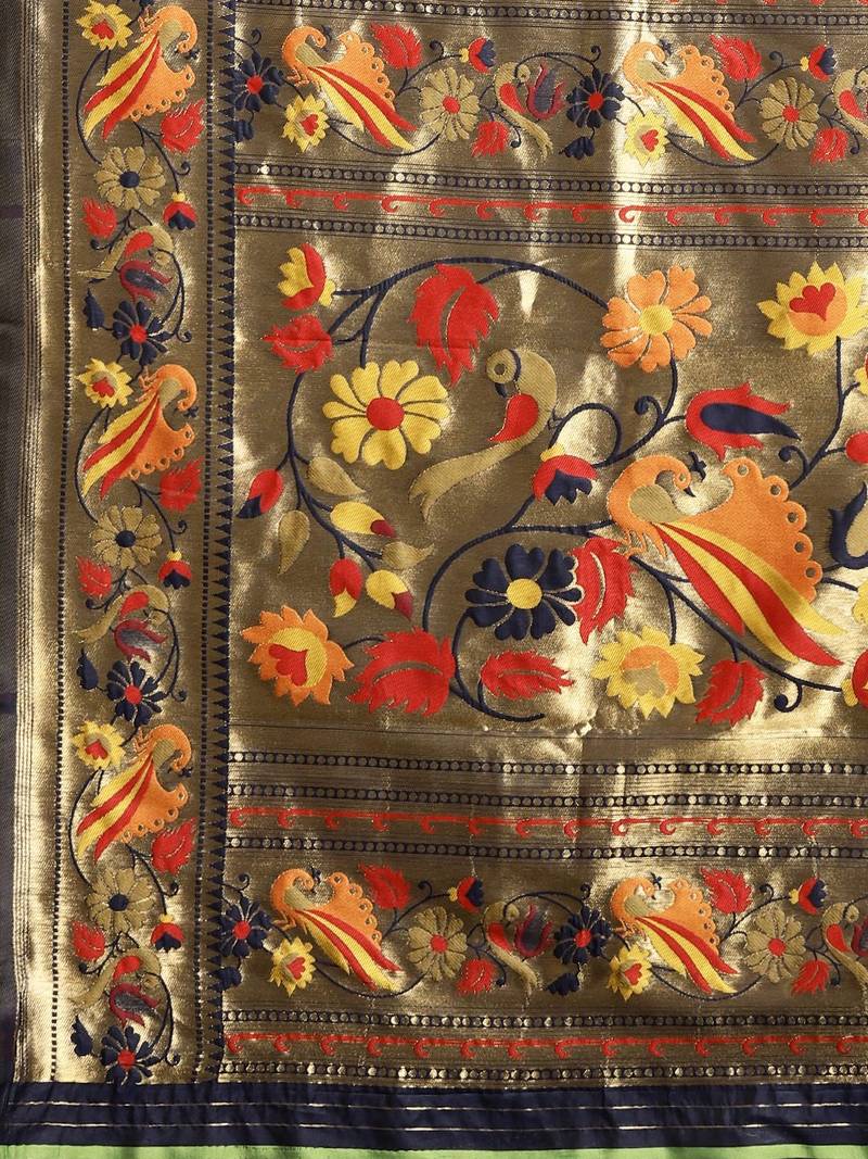 navy_blue navy blue & gold-toned zari silk blend paithani saree