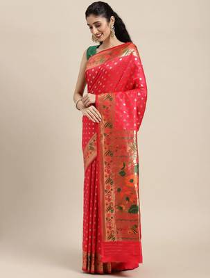 red red zari silk blend paithani saree 1