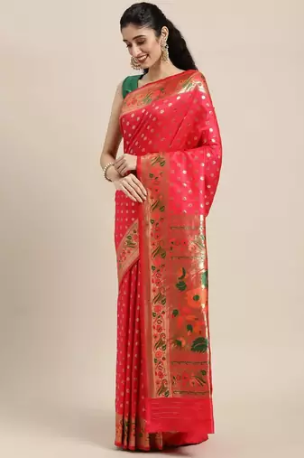 red red zari silk blend paithani saree
