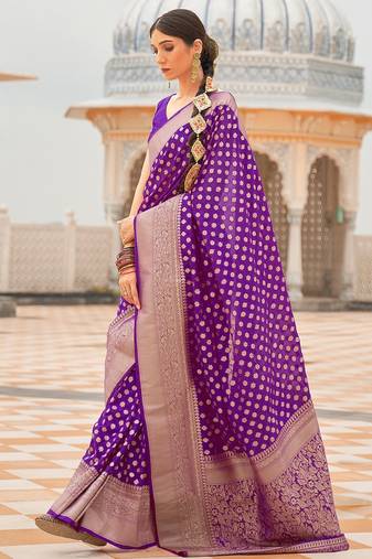 violet violet & golden ethnic motifs zari banarasi saree