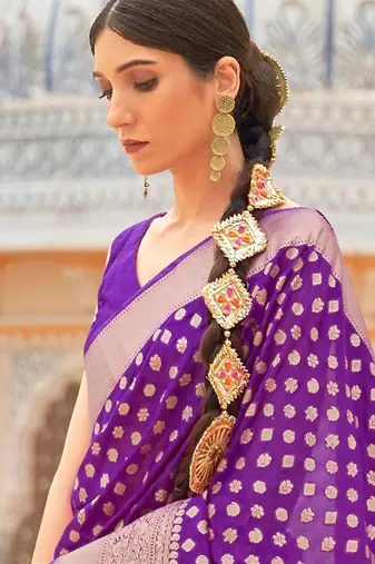 violet violet & golden ethnic motifs zari banarasi saree