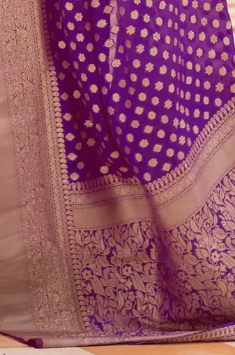 violet violet & golden ethnic motifs zari banarasi saree