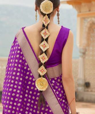 violet violet & golden ethnic motifs zari banarasi saree 4