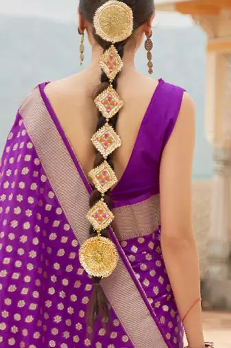 violet violet & golden ethnic motifs zari banarasi saree