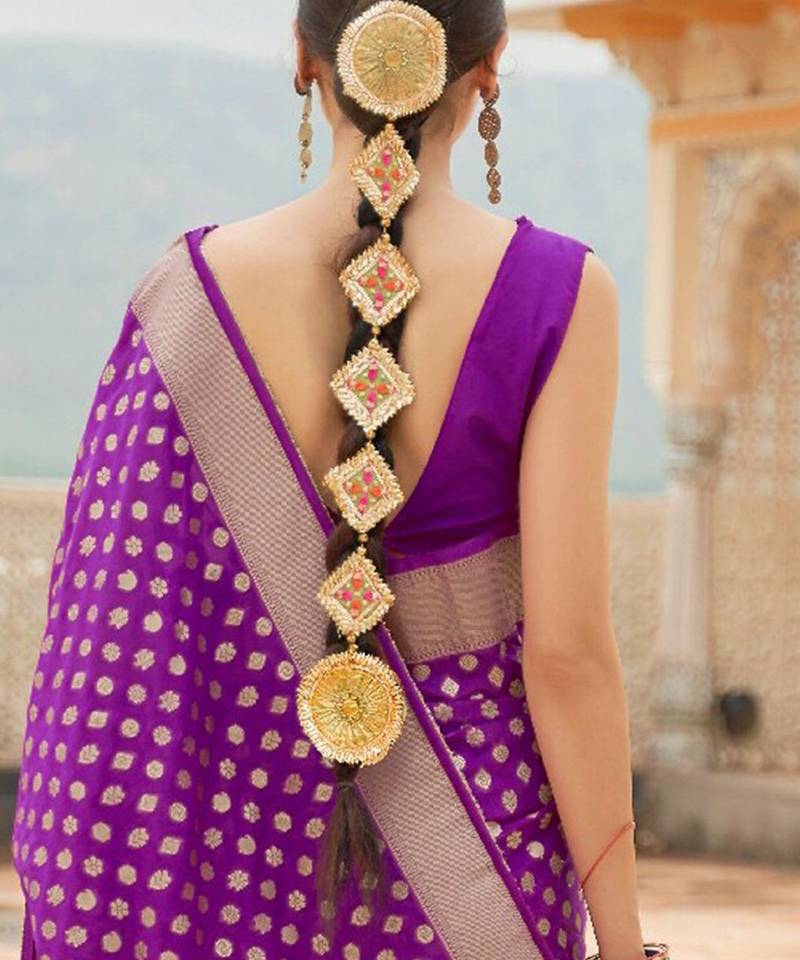 violet violet & golden ethnic motifs zari banarasi saree