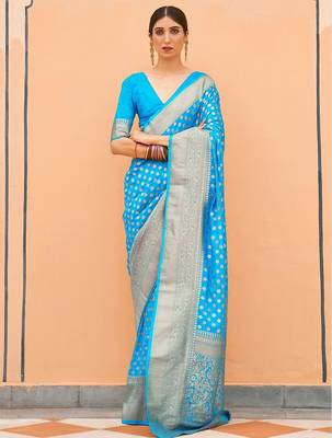 turquoise turquoise blue & gold-toned zari banarasi saree 1