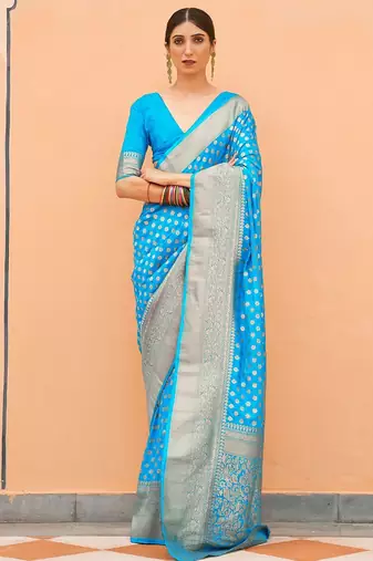 turquoise turquoise blue & gold-toned zari banarasi saree