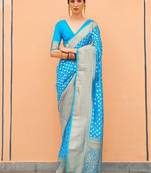 turquoise turquoise blue & gold-toned zari banarasi saree