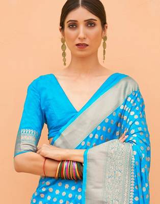 turquoise turquoise blue & gold-toned zari banarasi saree 2