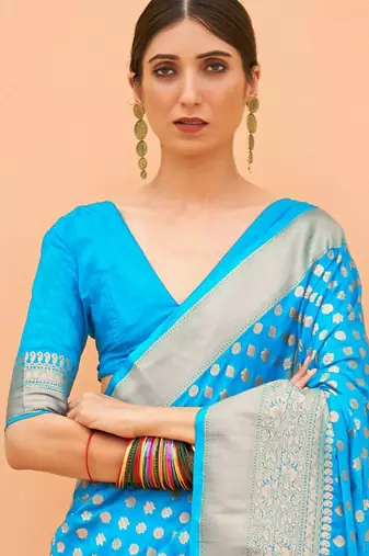 turquoise turquoise blue & gold-toned zari banarasi saree