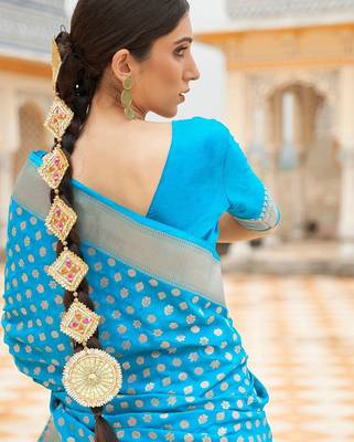 turquoise turquoise blue & gold-toned zari banarasi saree 3