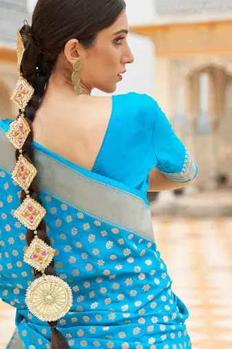 turquoise turquoise blue & gold-toned zari banarasi saree