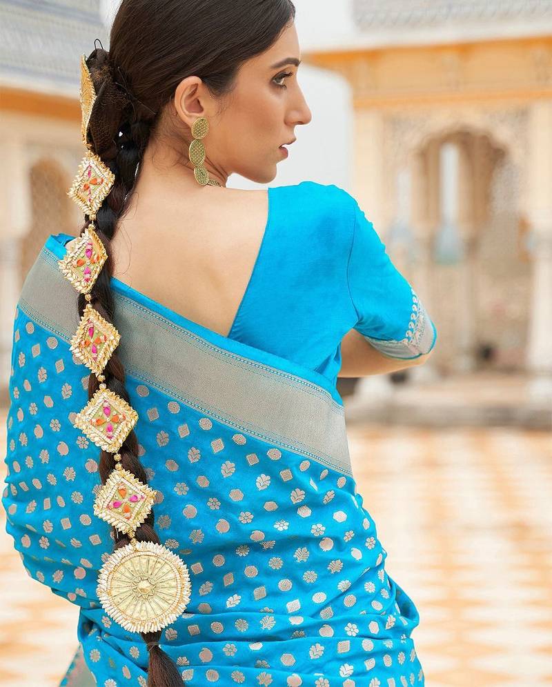 turquoise turquoise blue & gold-toned zari banarasi saree