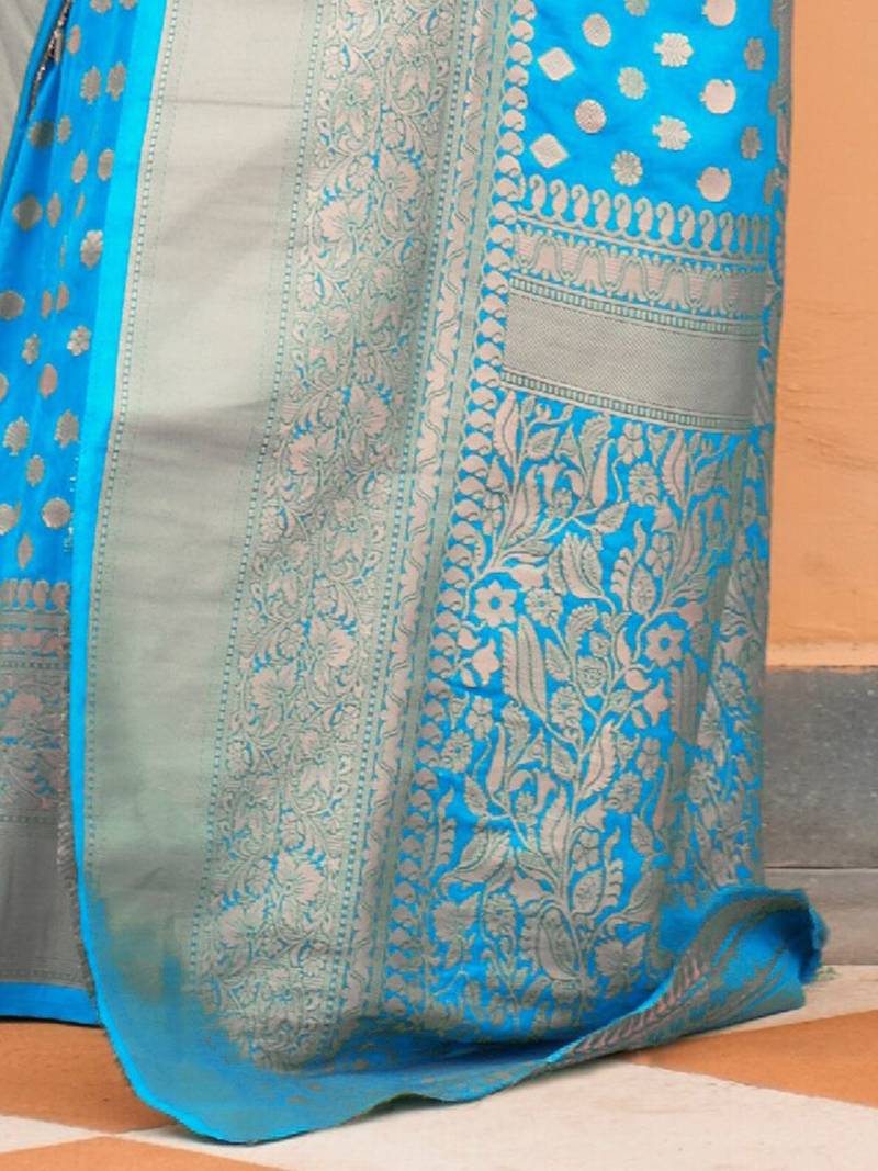 turquoise turquoise blue & gold-toned zari banarasi saree