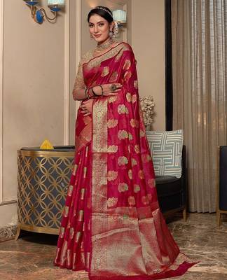 pink pink & green floral woven design zari organza saree 1