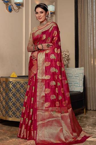 pink pink & green floral woven design zari organza saree