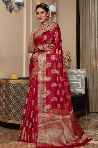 pink pink & green floral woven design zari organza saree