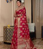 pink pink & green floral woven design zari organza saree