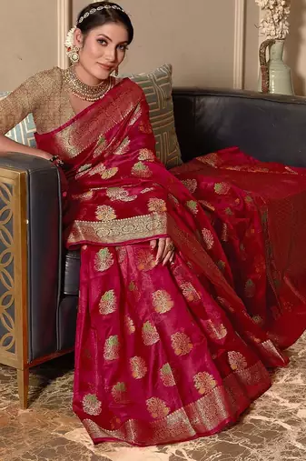 pink pink & green floral woven design zari organza saree