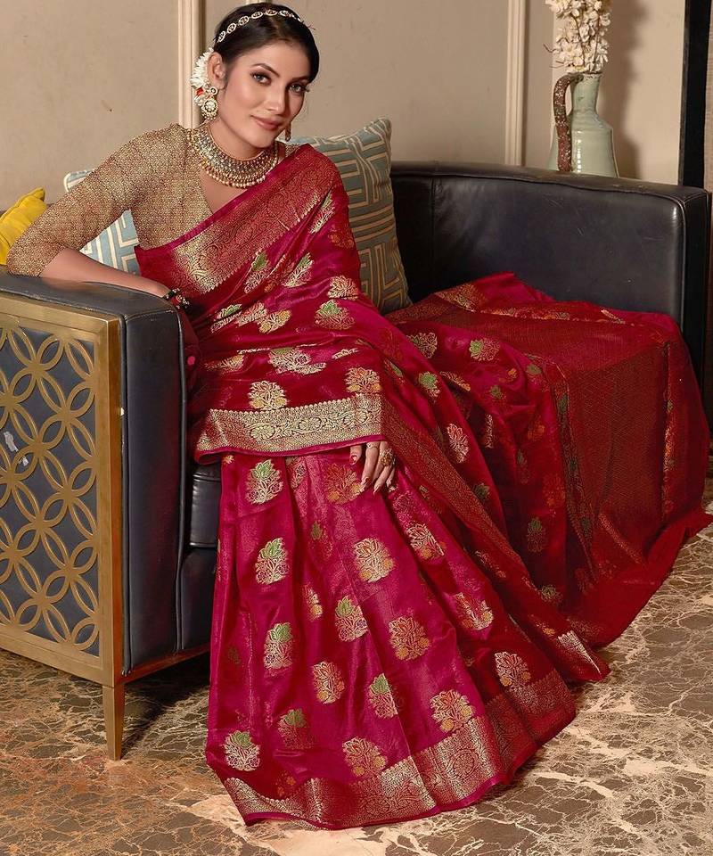 pink pink & green floral woven design zari organza saree