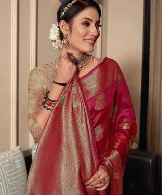 pink pink & green floral woven design zari organza saree 3