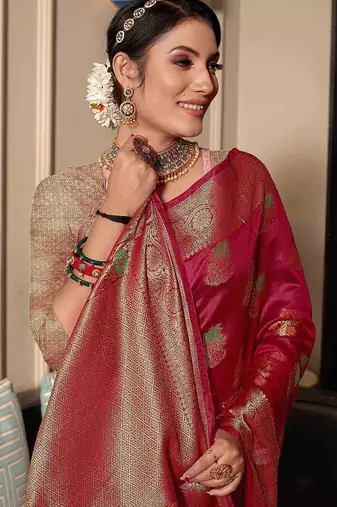 pink pink & green floral woven design zari organza saree