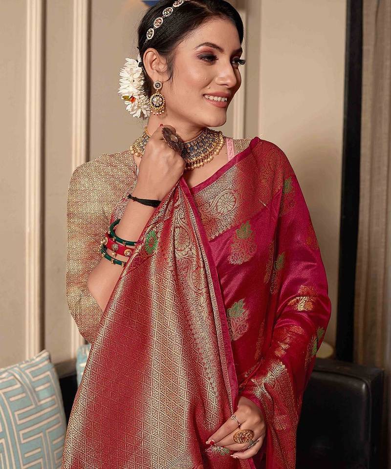 pink pink & green floral woven design zari organza saree