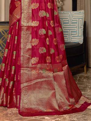 pink pink & green floral woven design zari organza saree 4