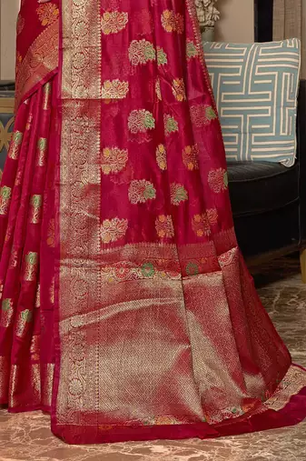 pink pink & green floral woven design zari organza saree
