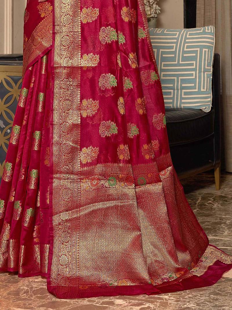 pink pink & green floral woven design zari organza saree