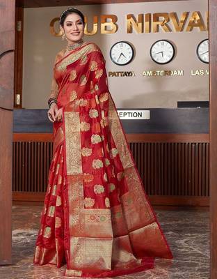 red red & gold-toned floral woven design zari organza saree 1