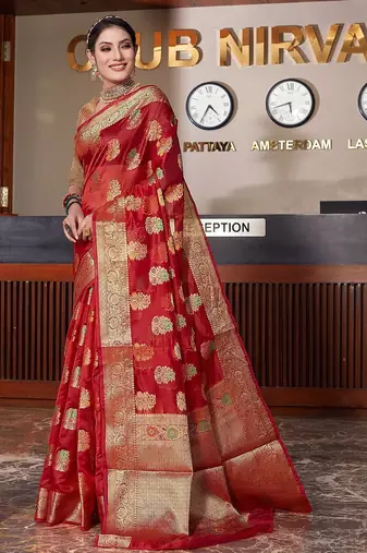 red red & gold-toned floral woven design zari organza saree